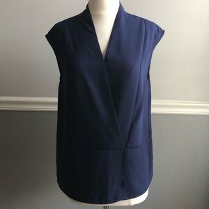 RO&DE Navy Sleeveless Faux Wrap Blouse, Small